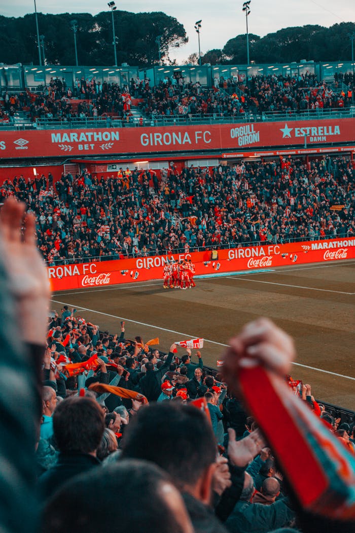 Excited fans cheer as Girona FC celebrates a goal during a soccer match.